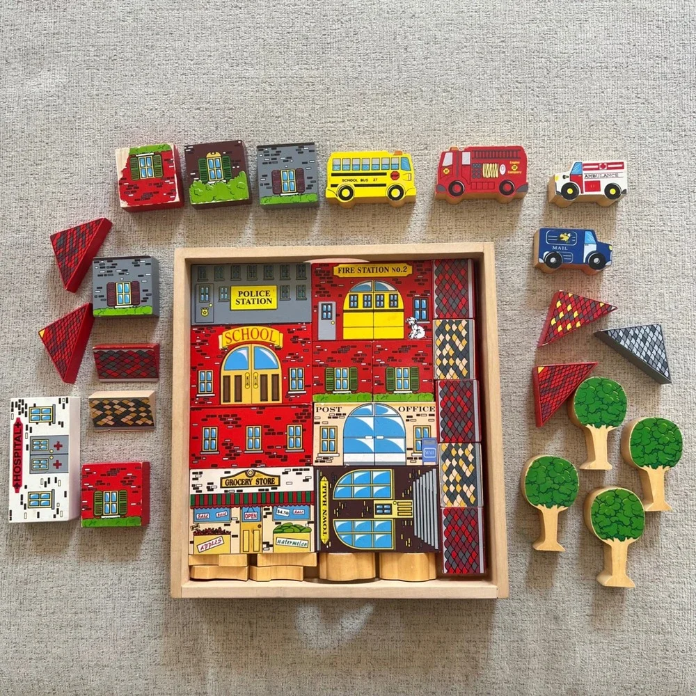 Melissa & Doug Classic Wooden Town Blocks 45+ Pc Building Set in Storage Tray